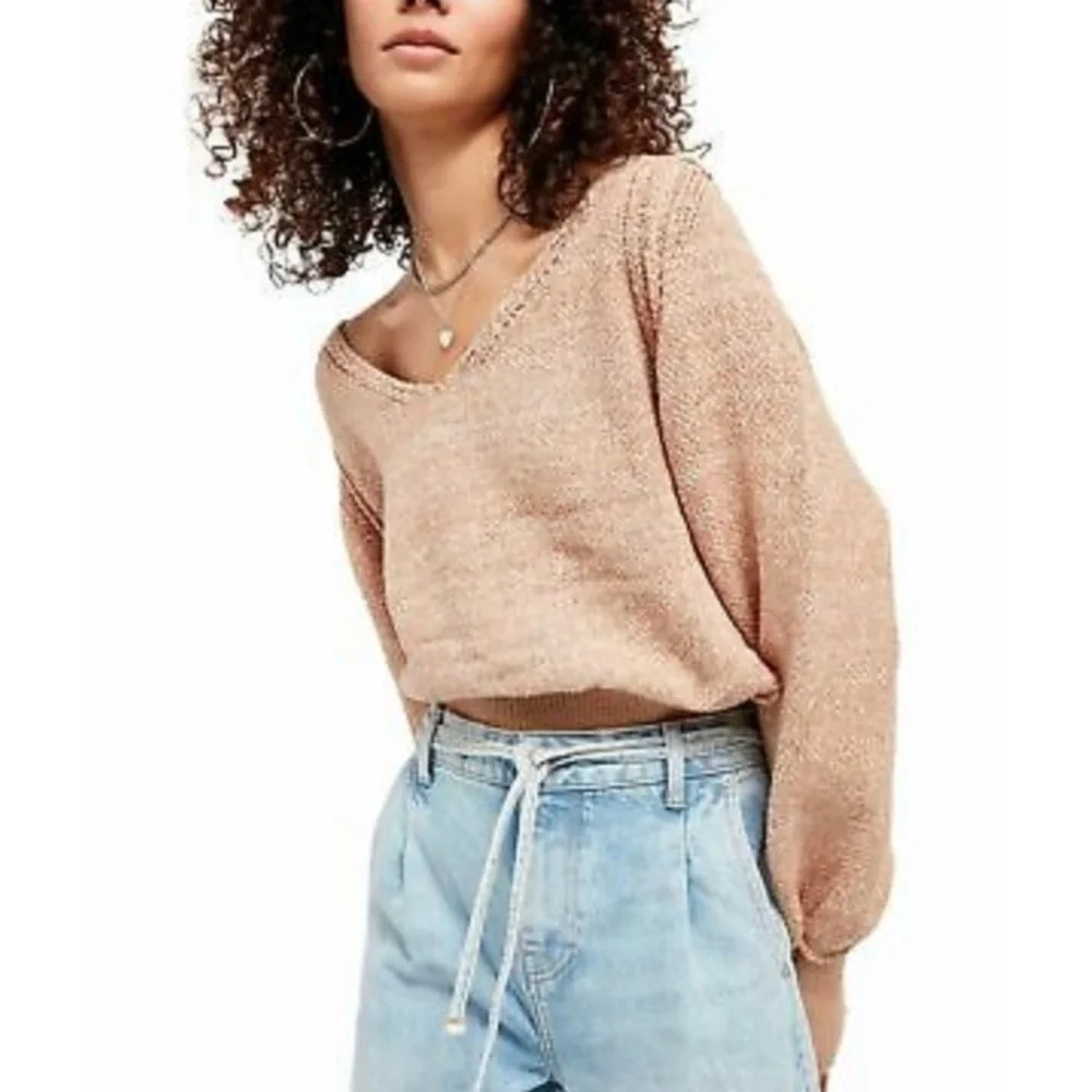 Free People Beige Pink Sand Combo Textured Long Sleeve V Neck Sweater - Picture 1 of 12